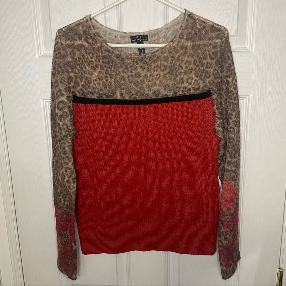 Marc Cain Wool Blend Leopard Print and Red Crewneck Sweater 10